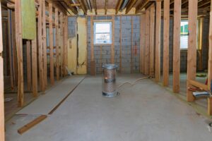 Interior frame of a basement new house unfinished basement under construction